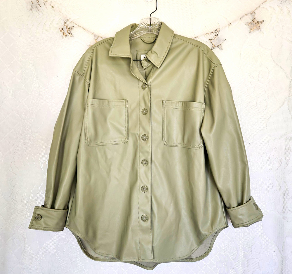 American Eagle Small Green Faux Leather Button-Up Shacket Shirt Minimalist Indie